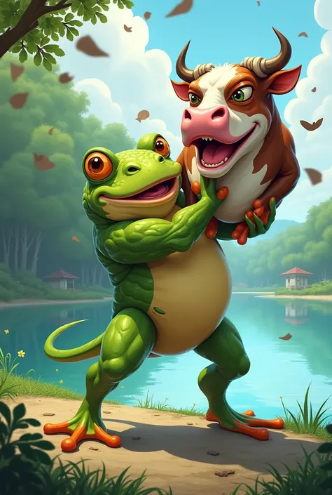 The froggy hitting with cow and throw outside of lake
