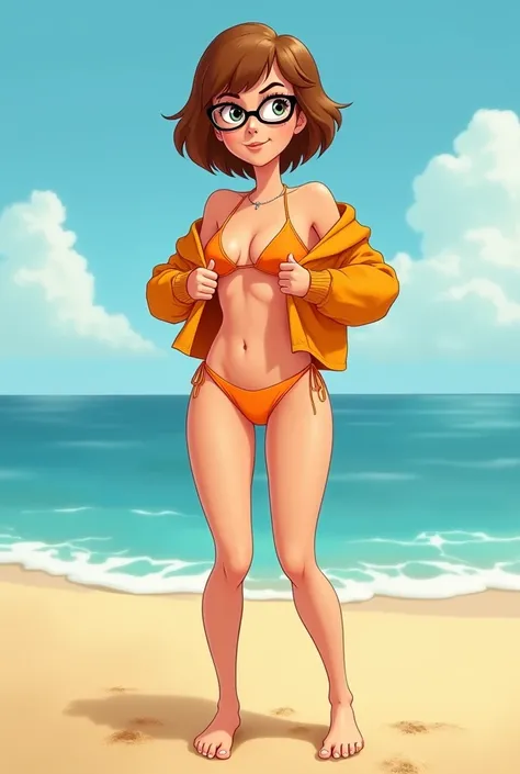 Cartoon Velma dinkley standing at the beach barefoot wearing an orange bikini bottoms with matching low cut bikini top with an orange sweater. Pulling the sweater up to her chest