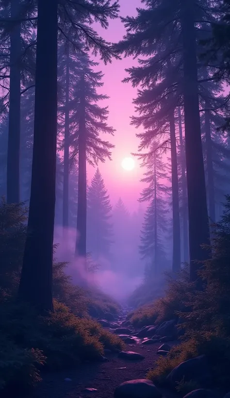 gernate a picture of evening sence of forest with purple hue