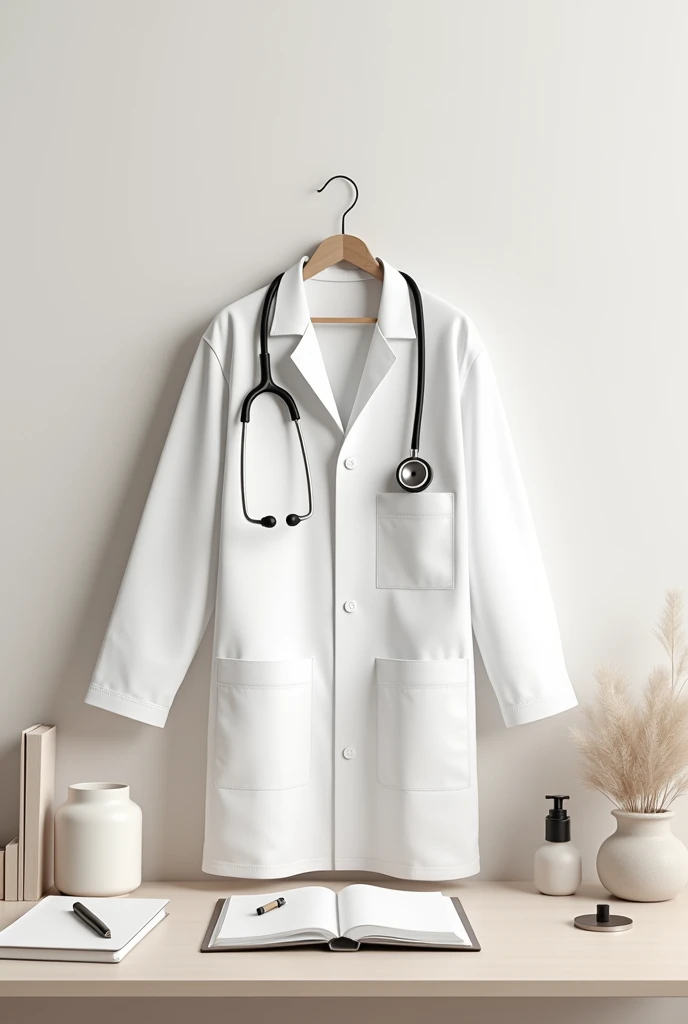 Create a neutral-toned image with medical-related items. Highlight the stethoscope, labcoat. The entire image should be in neutral tones and the items should be arranged on a table and wall..