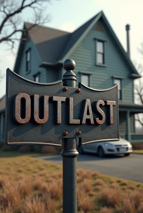 An iron sign that says Outlast and a large house in the background with a car parked next to the sign.
