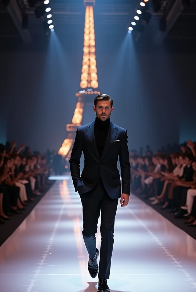 Belarus Man World Top Model walking on the Paris Fashion Week With Background of Eiffel Tower Full Boddy