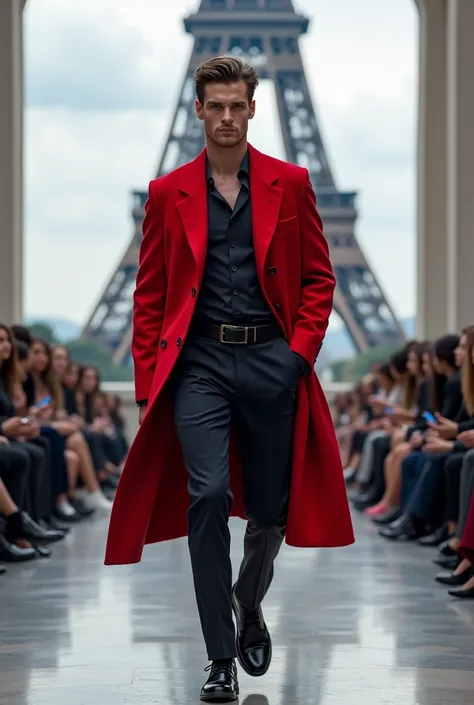 Netherlands Man World Top Model walking on the Paris Fashion Week With Background of Eiffel Tower Full Boddy