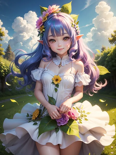 cute little Flower Fairy, Shiny Hair,, leaf hair accessories, smile, Gaze, , Pointy Ears, Anatomically correct,  , Fluffy skirt、Flower、Fluffy Dress、Bob Hair, Rainbow Hair, Cloud-like hairstyle, 