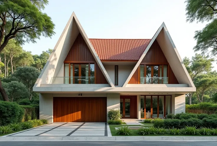 A modern house with a morden traditional Vietnamese design, featuring a sloped red tile roof and clean, minimalism conor walls. The facade is composed of light, clay effect wall and concrete effect wwall and wooden elements, surrounded by lush greenery and...