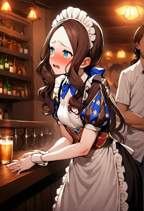 NSFW,masterpiece,Highest quality,High resolution,Very detailed,Leonardo da Vinci(Fate/grandorder),blue eyes,Long Hair,Brown Hair,Side Lock,Low Ponytail,ribbon,Short sleeve,Wrist cuff,maid,apron,Headdress, Black knee socks,Small breasts,Embarrassed,Nightlif...
