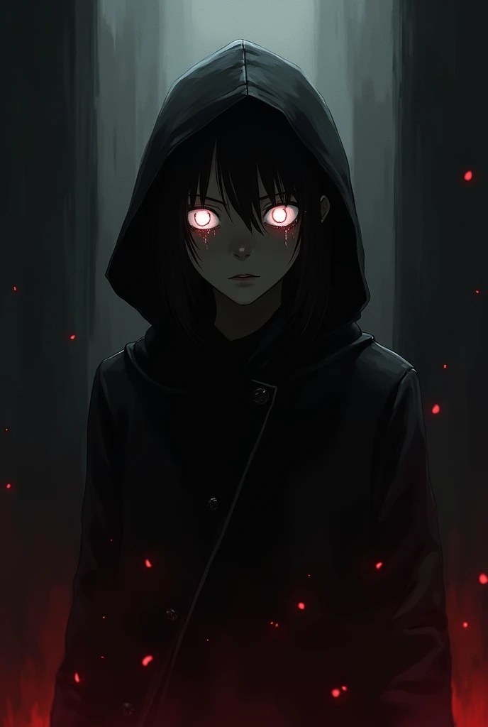 "A light novel style image with the title &#39;The Stench of Blood&#39;.&#39; In the foreground, A shadowy figure is seen looking directly at the viewer.. his eyes, highlighted in the dark, They are pale white with several crimson spots., while tears of bl...