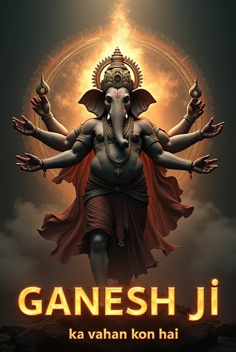 Create a realistic, detailed image of Ganesh Ji in a powerful, commanding pose with ten arms. Show Who is  Ganesh Jis vaahan, , in a majestic manner. The background should be black with a glowing effect, and include subtle, luminous representations of the ...