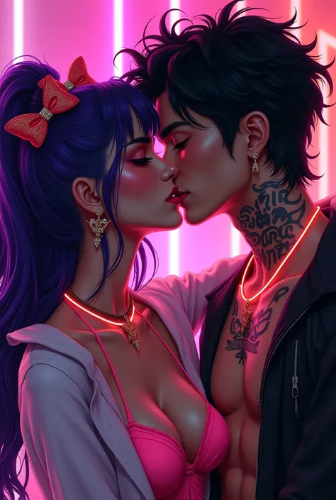 beautiful realistic art, couple of woman and man kissing, with Hugh, woman with long purple hair with shine, and bows on the hair,  eyes, perfect nose and lips, neon accessories, neon necklace with bossy logo, neon colored clothing, flirtatious style, hand...