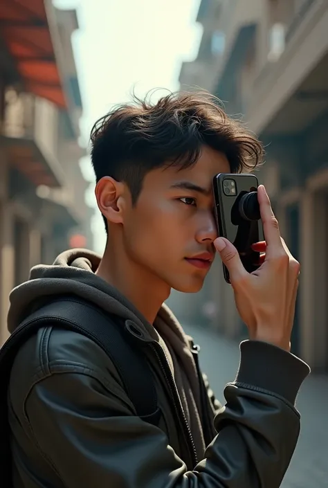 Generates an image of a handsome boy taking a photo on his cell phone and the cell phone camera is out of our view SUPER MEGA IPER REALISTIC REALISTIC 