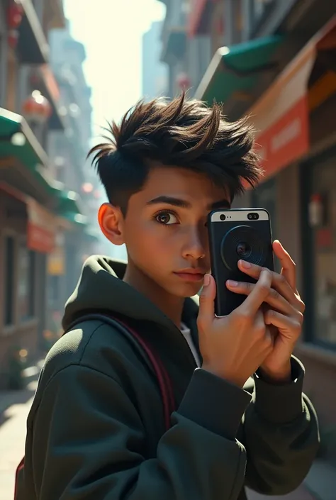 Generates an image of a handsome boy taking a photo on his cell phone and the cell phone camera is out of our view SUPER MEGA IPER REALISTIC REALISTIC 