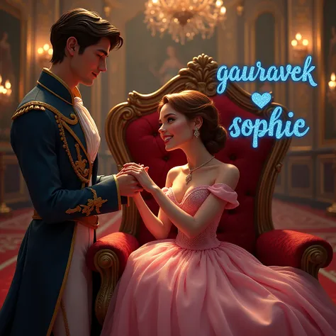 Create a realistic image where a woman in Disney Princess dress 👗 sitting on red queen chair luxury and a prince whos is standing just beside the chair and holding her hand.The background is full process room with luxury paintings and many things. In backg...