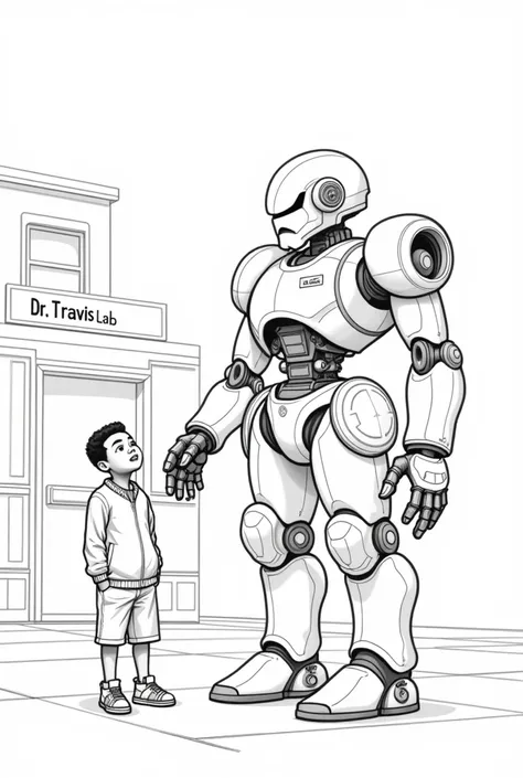 An African boy,chubby,eight years of age standing beside a huge robot in front of a lab,the lab has a name tag on it called Dr Travis lab.The robot is pointing to the lab.The drawing should be a line art