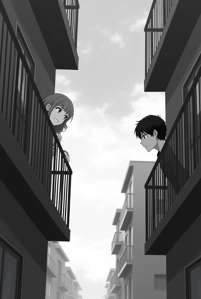 Create a photo of a guy and a girl about 2 standing in two buildings opposite each other, poking their heads out and looking at each other through the balcony, the girls eyes are happy, the guys face is expressionless, its cloudy outside. black.