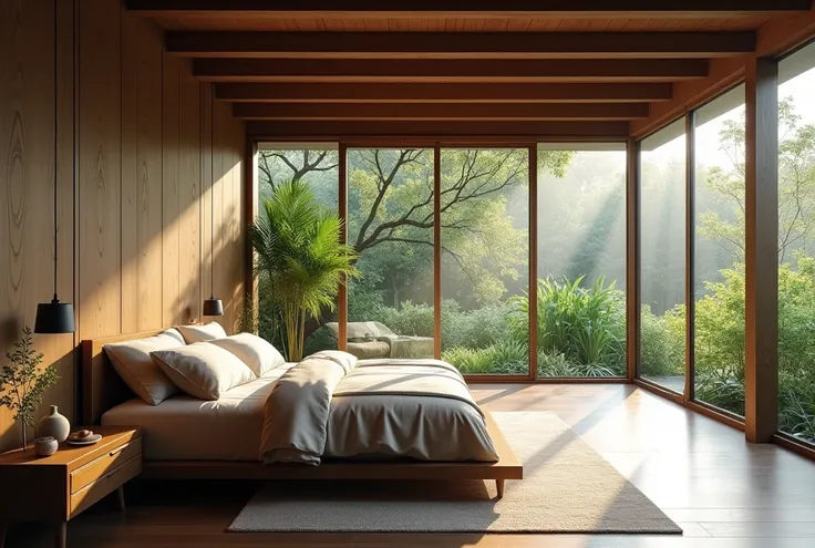 A peaceful master bedroom designed in a modern Vietnamese style. The room features large windows with views of a lush garden, letting in natural light. The bed frame is made of dark wood, with neutral-colored bedding. A wooden wardrobe lines one wall, and ...