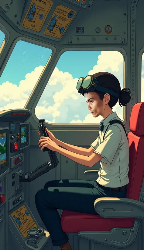 The 2d pilot inside Boeing plane, studio ghibli art style