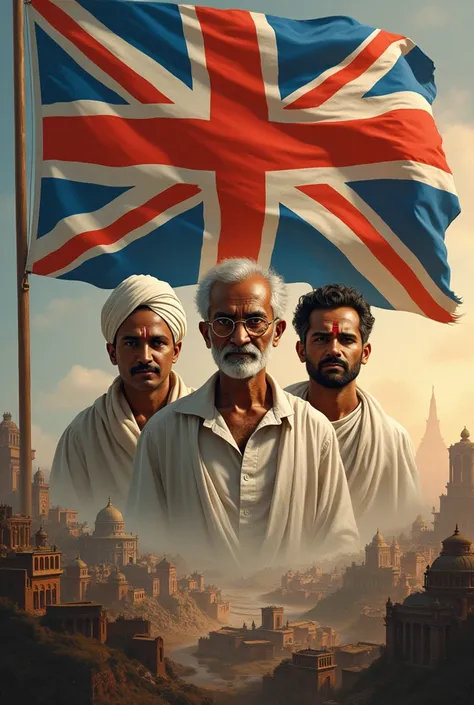 Show visuals of British flags over Indian lands and key historical figures like Gandhi, Nehru, and Bhagat Singh.