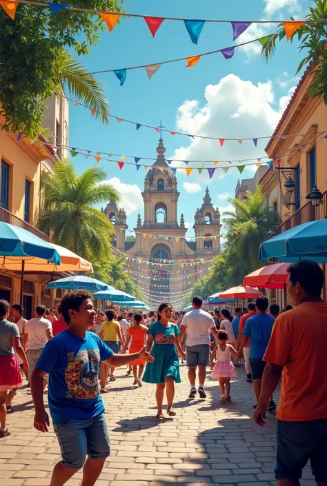 A local festival in San Salvador El Salvador, with streets decorated with blue and white flags and colored lights, People dancing to traditional music, Food stalls selling pupusas and tamales, children playing with balloons, a colonial church in the backgr...