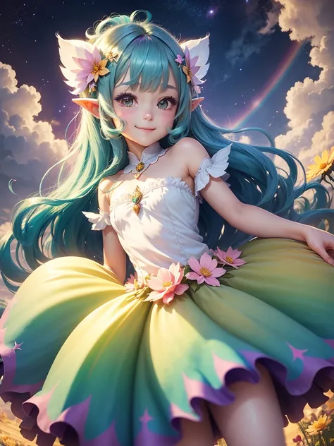 cute little cosmos Fairy, Shiny Hair,, leaf hair accessories, smile, Gaze, , Pointy Ears, Anatomically correct,  , Fluffy skirt、Fluffy Dress、Bob Hair, Rainbow Hair, Cloud-like hairstyle, 