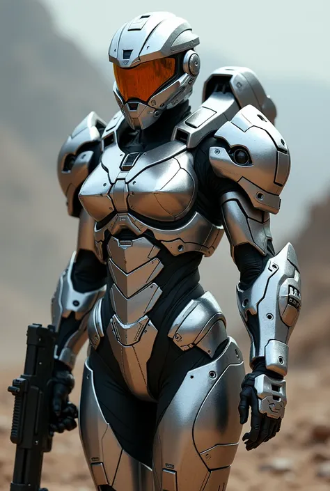 A formidable female warrior stands clad in a suit of gleaming, reflective power armor. This nearly indestructible armor boasts a sleek, metallic finish that dazzles under any light, creating a mesmerizing display. The suit is equipped with a devastating Bo...