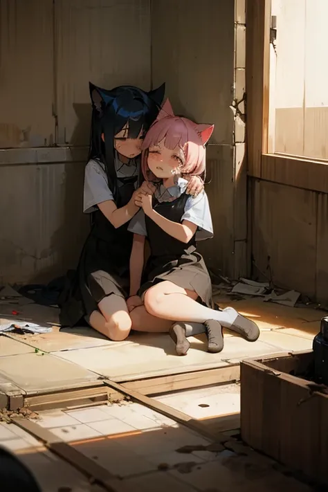 Two very young cat-girls, with cat ears, abandoned, dirty and crying and shy and tender