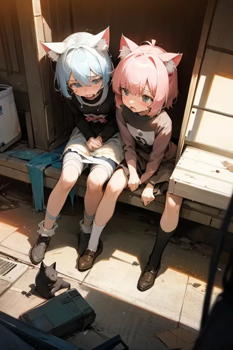 Two very young cat-girls, with cat ears, abandoned, dirty and crying and shy and tender