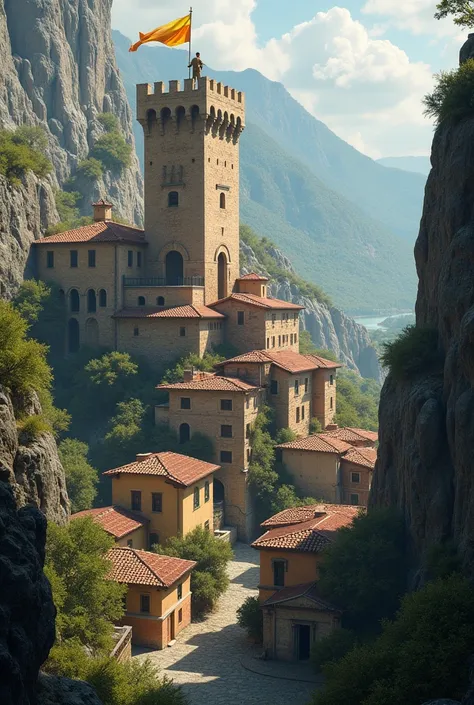 A small Mediterranean-style village at the bottom of a very deep ravine and has a medieval-style tower with a flag and a yellow and orange flag. The tower at the top is flat and there is a watchman who is a young man dressed in a khaki military uniform.. k...