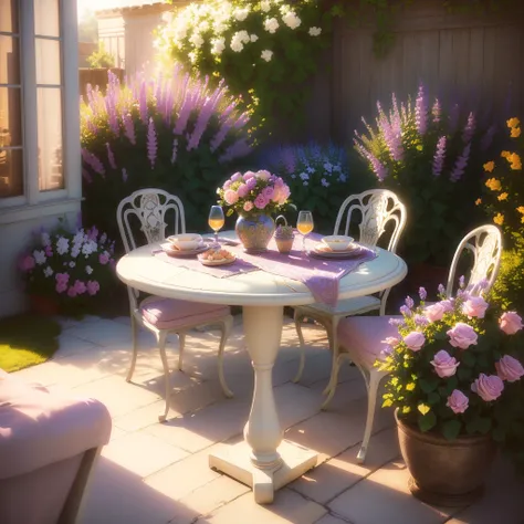 a beautiful large dreamy sunlit garden, colorful roses and lavenders, intricate floral patterns, warm natural lighting, soft pastel colors, detailed photorealistic rendering, vintage steel table with wine glasses and cupcakes, two elegant outdoor chairs wi...