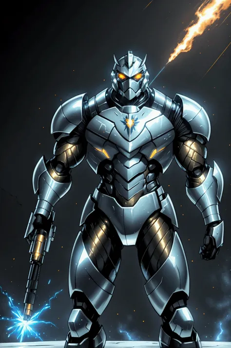  a suit of shining, reflective power armor. The armor is nearly indestructible, with a sleek, metallic finish that glitters under any light. The suit is equipped with a powerful Boom Gun, capable of devastating firepower. male