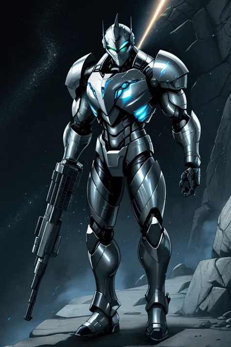  a suit of shining, reflective power armor. The armor is nearly indestructible, with a sleek, metallic finish that glitters under any light. The suit is equipped with a powerful Boom Gun, capable of devastating firepower. male