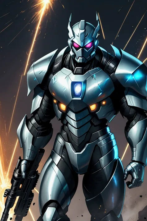  a suit of shining, reflective power armor. The armor is nearly indestructible, with a sleek, metallic finish that glitters under any light. The suit is equipped with a powerful Boom Gun, capable of devastating firepower. male