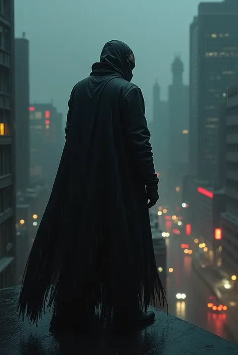 I need antihero dark, With black clothes, a damaged mask observed the City in a tower while it rains