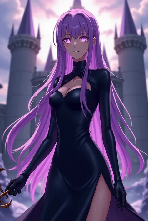 Background castle anime adult woman white long purple hair purple eyes face identical to Pandora character from the anime Knights of the Zodiac, She is wearing a long black dress with a slit at the height of her right leg and has a trident in one of her ha...