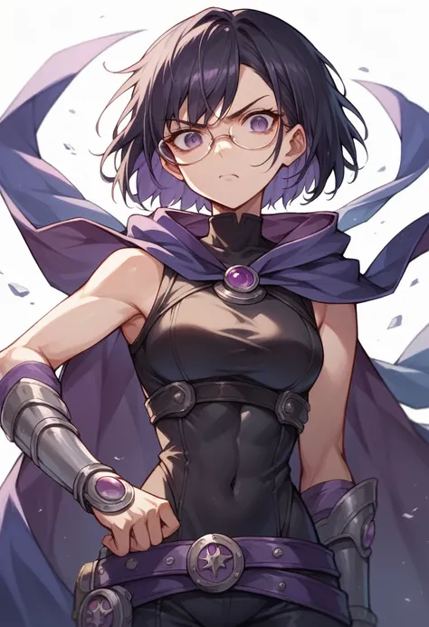 1 slim woman with defined athletic physique, tough, short black hair with cropped bangs, wearing glasses, dark purple eyes, wearing a plain black sleeveless spandex jumpsuit, wearing a purple colored poncho cape with details, with hands on the waist, Deter...