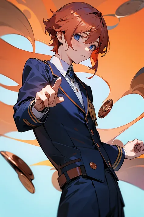 male, Blue Student Uniform, school background, Copper penny hair color