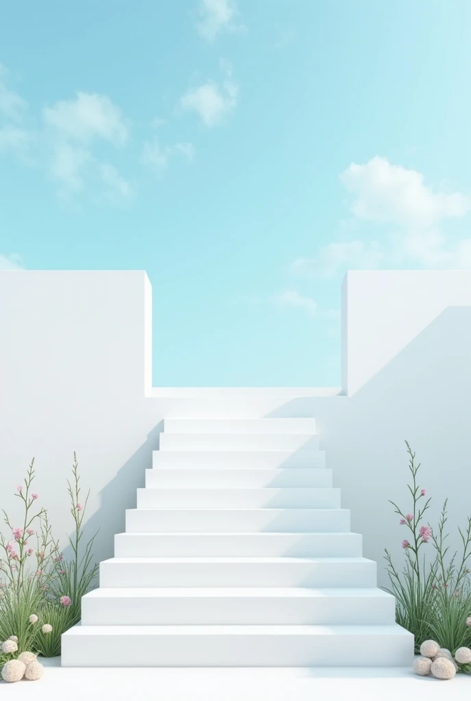 White centered staircase, that does not have curves, towards the sky with flowers around it and clouds around it with a blue sky background