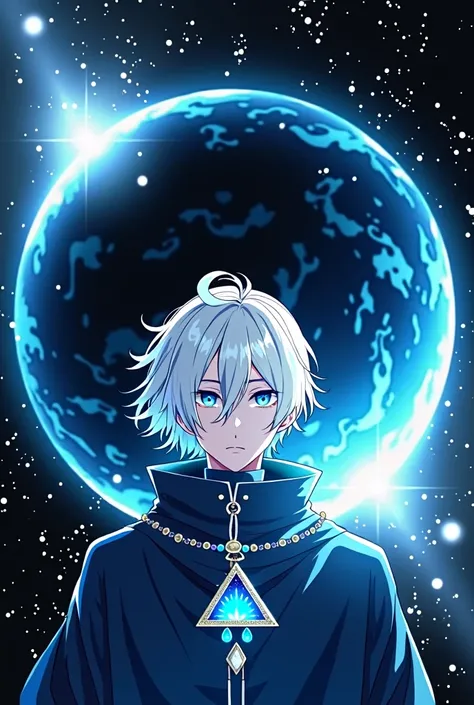 a white man with beautiful white hair, blue colored eyes, short and straight hair, vestindo uma de capa preta com um cordão de triângulo de water, body to the waist, blue planet background (water), serious face, anime styling, (best quality, 4K, 8k, high r...