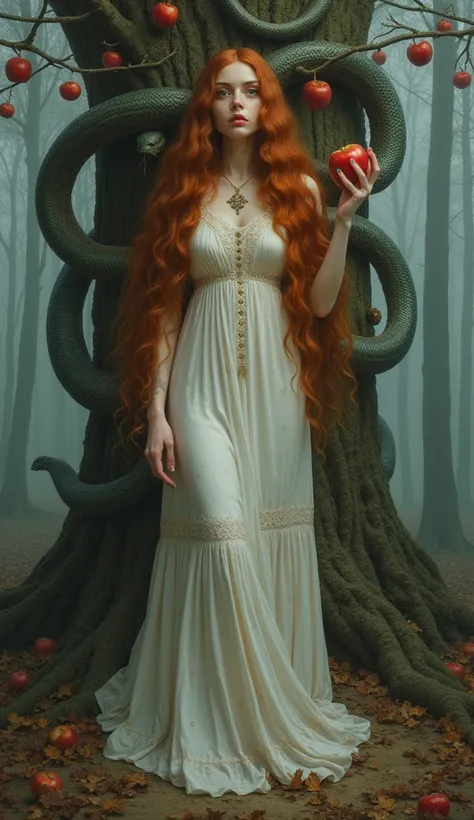 Lilith frontface Very long copper wavy hair very long, exaggerated floor length hair. down to the ground that covers her body with leaves holding Apple middle ages princess dress, very delicate white with royal symbols on it, sex cover, forest background f...