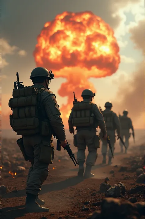 Create an image of nuclear weapons and soldiers that is reminiscent of a great war movie and is as realistic as possible. 