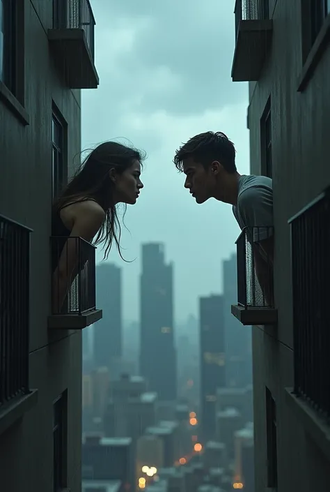 Create a photo of a guy and a girl about 2 standing in two buildings opposite each other, poking their heads out and looking at each other through the balcony, the girls eyes are happy, the guys face is expressionless, the sky is stormy. rain.