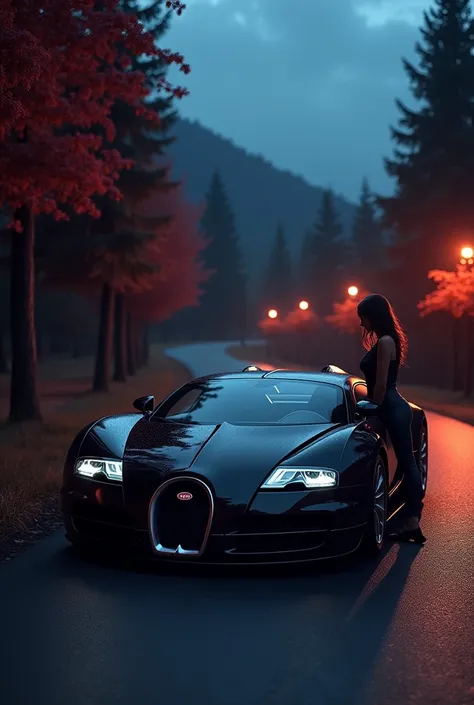 (photorealism:1.2), Bugatti Veyron Balck colour, strate position, nighting road, side trees lip color red, flowers on buggati Veyron 
, and sky colour deep blue with beutiful women

