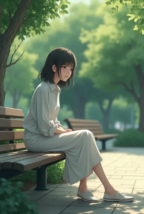  A girl is sitting on the bench