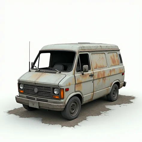 num white background, absent vegetation, missing ground, Create an old abandoned van, damaged headlights, driver&#39;s door ripped off, torn and dirty driver&#39;s seat, missing tires, missing glasses., 3d rendering for reference. the same van must be seen...