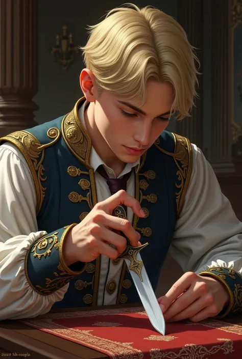 A short-haired blond prince cleaning a knife 