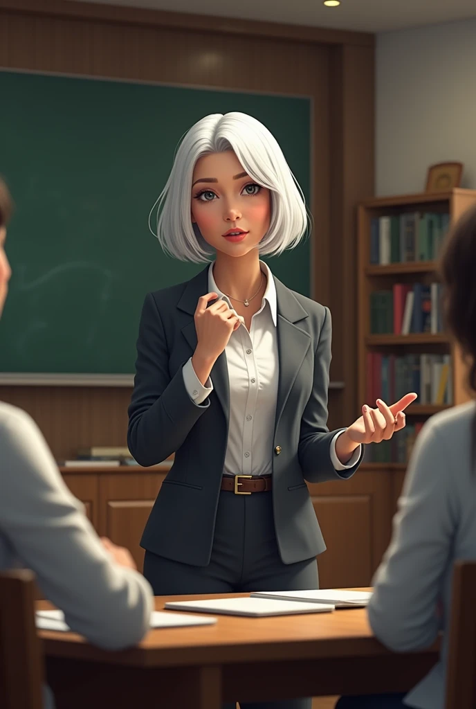 Please create an image of a 30-year-old white-haired female teacher with a bob cut., teaching other teachers and names her Profesperanza 
