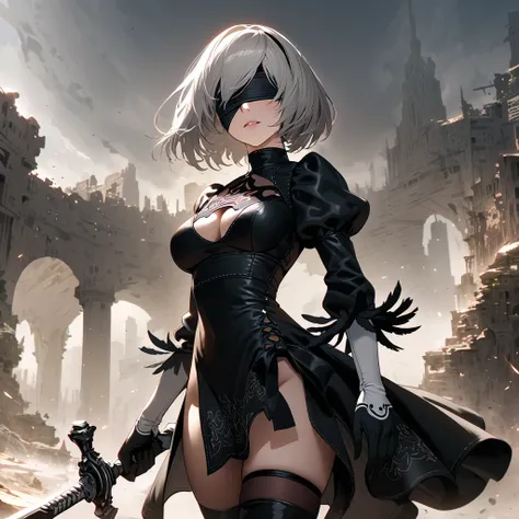 Super detailed, High resolution, Absurd, High resolution, 2b, Nier Automata, Gray Hair, Blindfolded, Very beautiful, Only one woman, A ruined world, Black clothes, Have a weapon