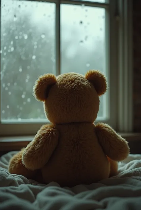 Teddy bear、Back view、A room with rain falling behind the window