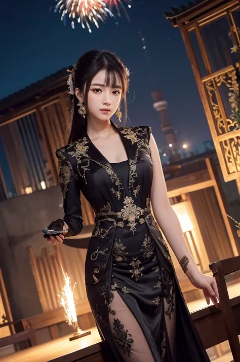 Zhongli (genshin impact), Looking Left, Protruding from the right side of the screen, Fireworks, night, detailed background, formal suit, masterpiece, intricate details, high resolution, perfect anatomy, detailed face, detailed eyes, formal dress, 