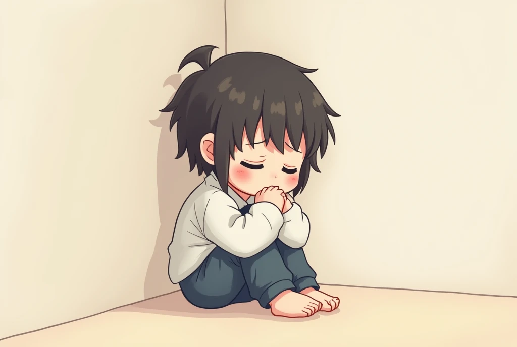 Child sitting alone in the corner，Holding knees，A sad expression appeared on his face。Cartoon，可爱Cartoon，可爱Cartoon风格，Cute illustration，Clean anime art，Simple background