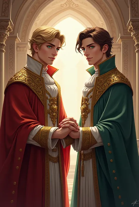 A short-haired blond prince holding the arm of a prince with brown hair and green eyes 